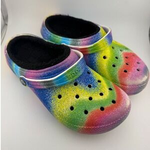 Crocs Classic Lined Clog Rainbow Tie Dye Multi Color Fleece Fur Shoes Womens 5